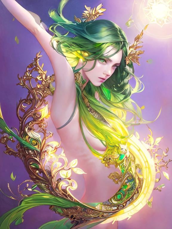 Prompt: Detailed eyes flawless eyes Gorgeous chartreuse greenest hair natural lime flair goddess, intricate, dramatic full body pose, magnificent, masterpiece, by minjae lee, by James jean, by WLOP, mucha, Waterhouse, by eve ventrue, by anna dittmann, by Alessio Albi, dynamic lighting, green, emeralds