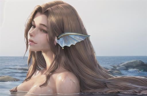 Prompt: realistic portrait of a mermaid half woman half fish tail longer than the torso, frolicking sitting on the rocks above the water, wet hair, perfect proportion,  Defined face, perfect eyes, beautiful face, well detailed and defined, defined, sensual lips with a beautiful smile, hair with a brown color gradient to gold balayage, 