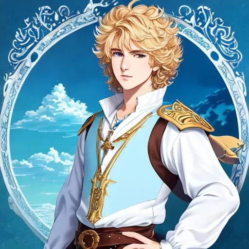 Prompt: anime opening Full-body detailed masterpiece, fantasy, high-res, UHD, 164K, perfect composition, 1boy handsome european adventuring troubadour bard from the mid-16th century. He is a dashing handsome young man with blonde suave curly hair with a long standing fringe. He is wearing a light blue jacket with a white fluffy ruff millstone collar. He wears a pair of black gloves, black pants. bravely default ringabel