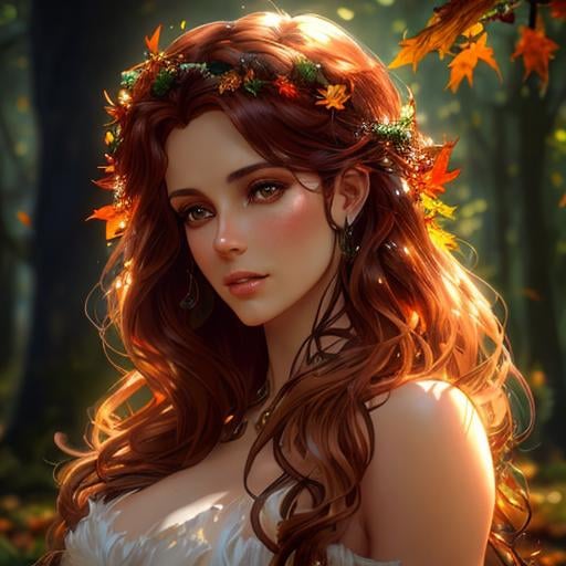 Prompt: dryads autumnal feminine great beauty and very beautiful physical features, just behind her oak surrounded by a thick autumnal forest volumetric soft lighting warm colors 8k resolution by Greg Rutkowski, Artgerm, Alphonse Mucha dynamic lighting hyperdetailed intricately detailed Splash art trending on Artstation Unreal Engine 5 volumetric lighting