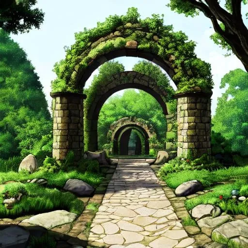 Prompt: A circular pathway surrounded by lush greenery, with a starting point marked by a small stone arch. The path leads around and seamlessly returns to the same arch, symbolizing the concept of the beginning being the end.