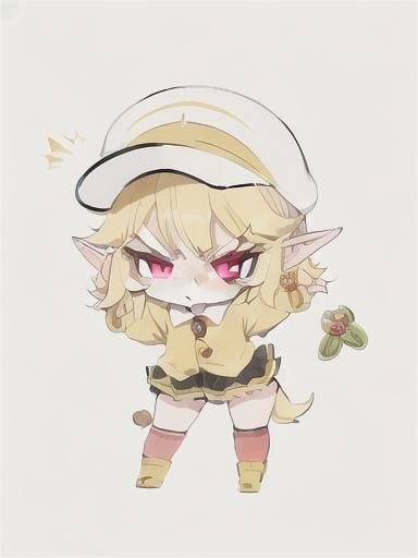 Prompt: chibi elf girl with a cute face, angry pouting, yellow hair, big red eyes, (wears a red Gavroche cap with a black visor, has a brooch on the left of the cap, 2 long white feathers come out of the brooch), the cap Gavroche has an embroidery on the front with a 4-leaf clover, waves her arms to the sides in frustration, she wears a red trench coat with a hood and a light brown or cream colored scarf, her hands are in fists, she is carrying a bag brown from which hangs a cream-colored wool doll similar to a ball, a white baggy shorts, 2 legs with brown shoes