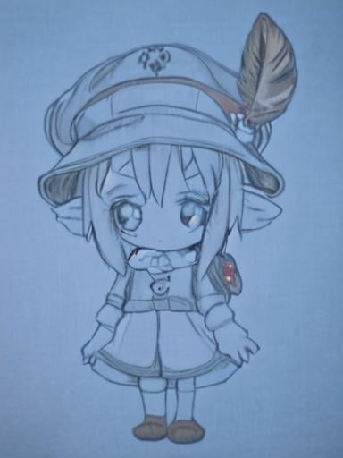 Prompt: chibi elf girl with a tender face, big eyes with a contrast between brown and red, wears a red Gavroche Cap with a black visor that has a brooch on the left of which 2 long white feathers come out, the Gavroche Cap, in addition to the brooch, has an embroidery on the left center front with a 4-leaf clover, her big eyes have anime-style flashes of light, her mouth is open and wobbly looking at a delicious fish dish on the table while a little drool drips from her, she wears a red trench coat with a hood and a light brown or cream scarf, her hands are in fists holding a fork on the left and a knife on the right while she raises her arms ready to eat, she is carrying a brown bag from which hangs a cream-colored wool doll similar to a ball, on the plate on the table is a delicious Japanese baked fish.