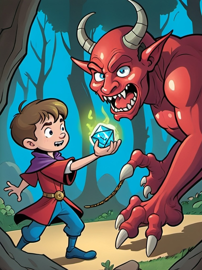 Prompt: childrens fantasy illustration, young boy magician holding a glowing amulet and battling a large demon creature, cute, fun, bright, rounded, thom zahler style