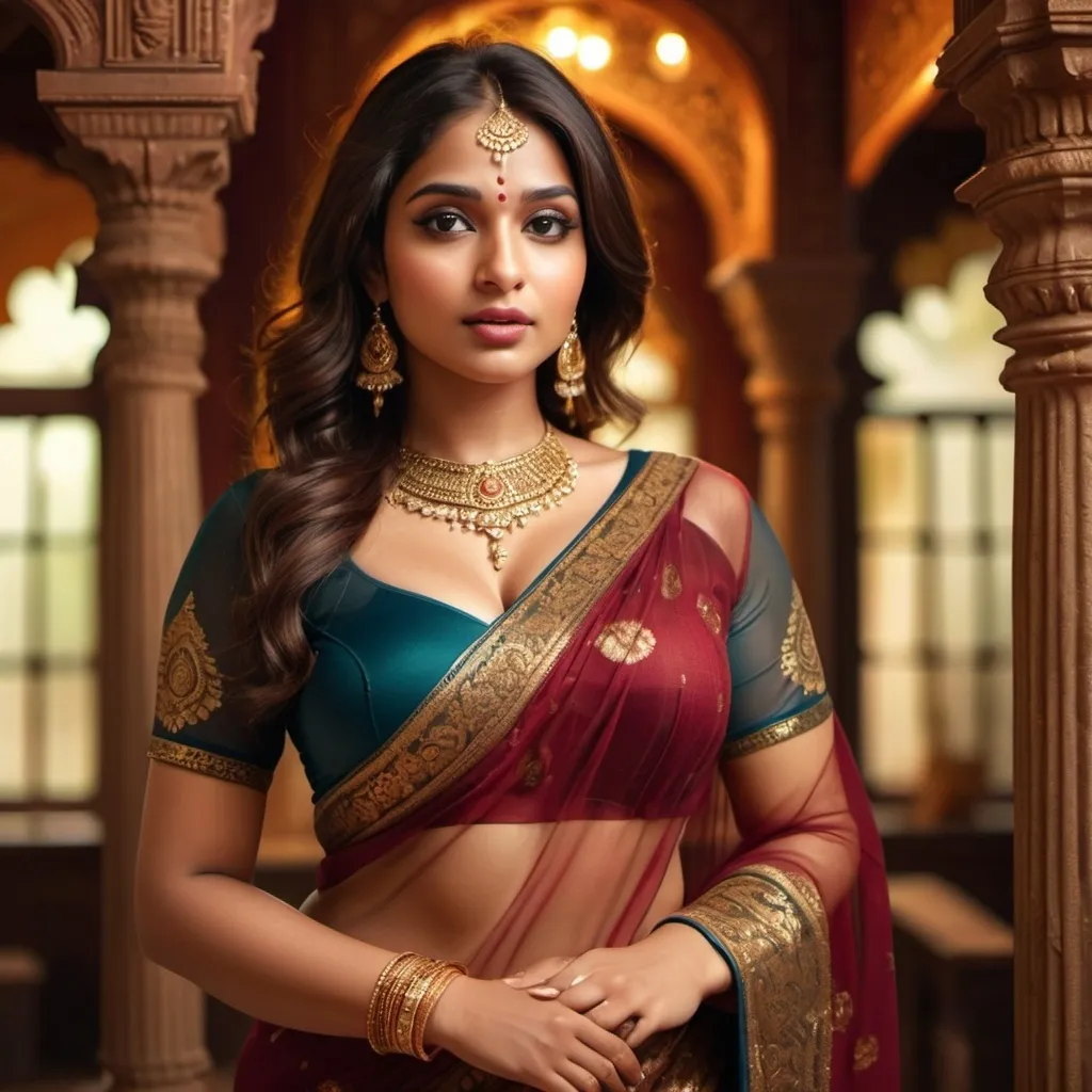 Prompt: Cute Indian well endowed curvy woman in mesh saree, gold detailed blouse, deep cleavage, high quality, Indian art style, warm tones, intricate jewelry, traditional setting, detailed facial features, atmospheric lighting