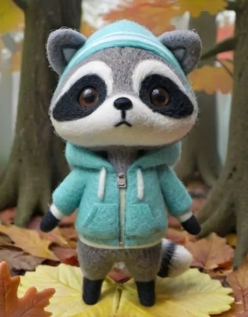 Prompt: A grey animal crossing raccoon villager  with one brown eye, one grey eye, standing in an autumn forest. They wear a hoodie but no pants. Add light eyeliner. They look like an animal crossing villager stylistically 