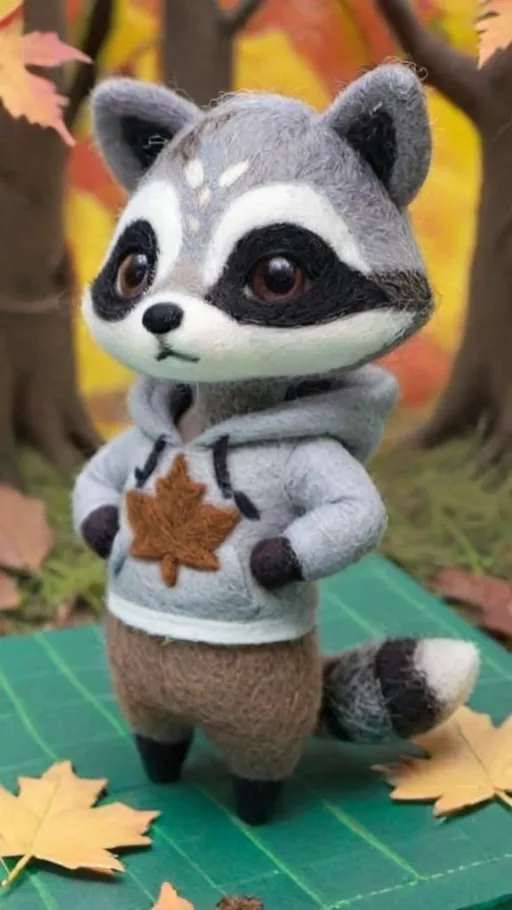 Prompt: A grey animal crossing raccoon villager  with one brown eye, one grey, standing in an autumn forest. They wear a hoodie but no pants. Add light eyeliner. 