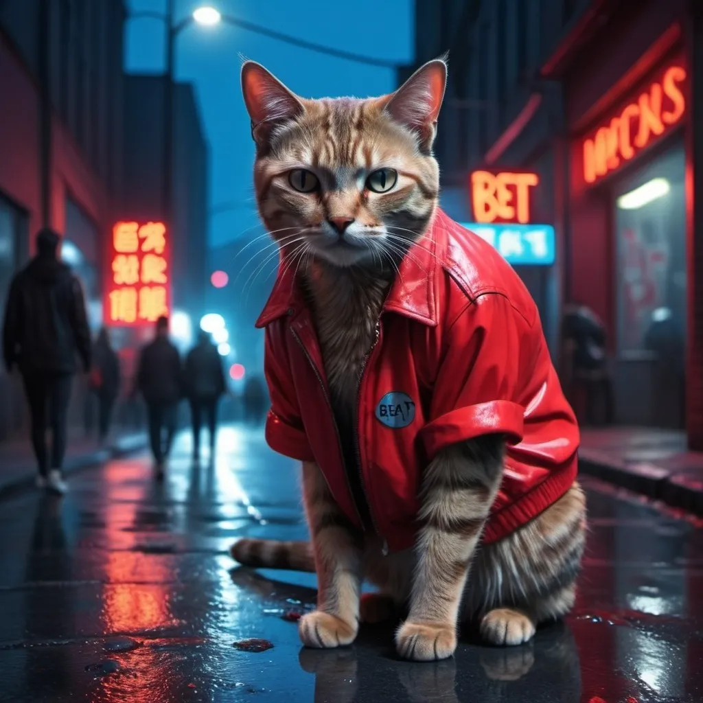 Prompt: high resolution very very  realistic a cat with human-like features, dressed in stylish clothing, standing in an urban environment with a red neon "beat"  sign in the background.