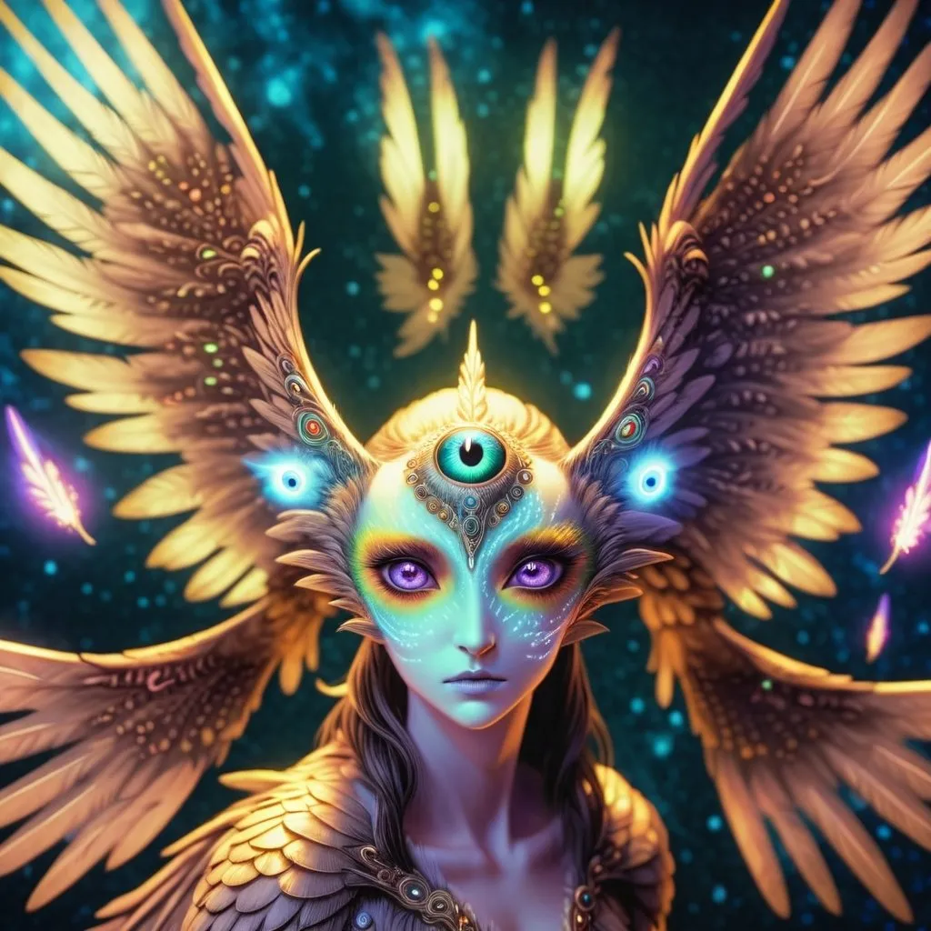 Prompt: Six-winged creature with numerous eyes on wings, half-human half-animal head, game-rpg fantasy style, detailed feathers, mystical lighting, high quality, ethereal, detailed eyes, fantasy, mystical, surreal, winged creature, hybrid, intricate details, fantastical, enchanting, otherworldly, mystical lighting