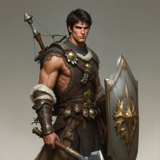 Prompt: A male Aasimar cleric from Dungeons and Dragons. Tan skin and short dark hair. Equipped with a shield and crossbow on his back, and a mace by his hip. He is wearing chainmail armor.