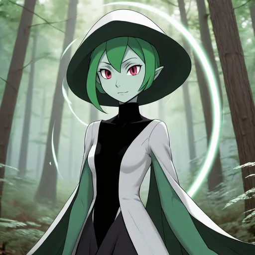 Prompt: Human-like gardevoir with opposite color tones, creating a black hole a few meters in front of her, in a forest.