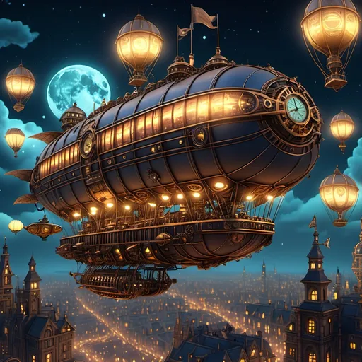 Prompt: (Steampunk airships), night sky filled with numerous intricately designed airships, illuminated by glowing lanterns, vibrant steampunk metropolis far below with towering clockwork buildings, intricate gears and brass elements, cozy warm lights reflecting against cool night blues, cinematic atmosphere, whimsical feel, ultra-detailed, 4K resolution.