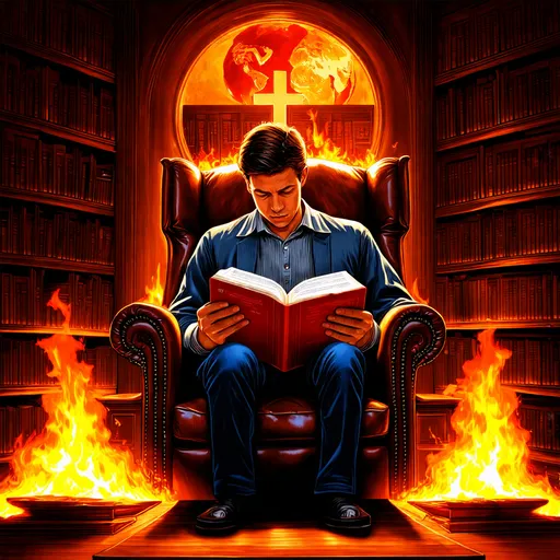 Prompt: I want you to create a young man reading the Bible in an image in a very large library and in the background a very striking verse that is the apocalypse and on the sides fire as if the world were breaking up and in the chair