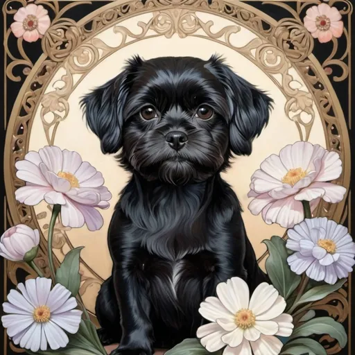 Prompt: a realistic Mucha art brush hand painted oil painting with a realistic black Maltese dog and flowers
