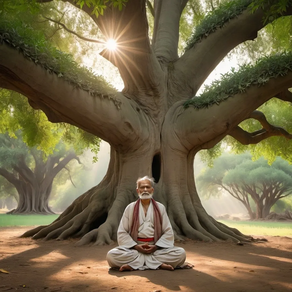 Prompt: A serene forest scene in the morning light with a sage meditating under a large, ancient peepal tree. The sage is dressed in traditional attire, sitting cross-legged in a peaceful posture. Sunlight filters through the leaves, casting a gentle glow on the surroundings. The forest is lush and green, with a sense of calm and tranquility."