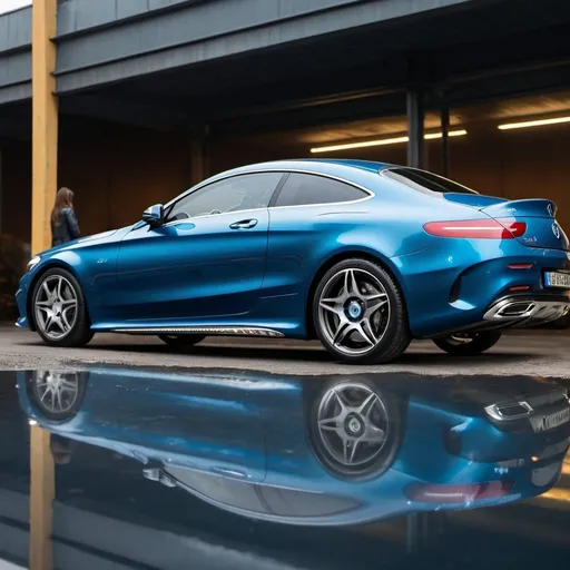 Prompt: Realistic 4k image of a blue metallic Mercedes Benz coupe, Ukrainian woman sitting inside, car number plates NKY999, on board number 9 with circle like on billiard ball. Side view detailed reflection, cinematic, emotional, touching, compassionate, high quality, realistic, no face, heartfelt, realistic style, detailed, Ukrainian woman, urban, professional lighting, contemporary, reflective surface