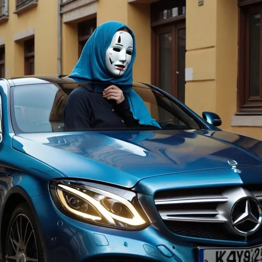 Prompt: NO FACE! Realistic 4k image of a blue metallic Mercedes Benz coupe, Ukrainian woman sitting insidecar number plates NKY 9 9 9, emotional, realistic, touching, compassionate, detailed reflection, heartfelt, high quality, realistic, cinematic, sentimental, indoor lighting, warm color tones, emotional storytelling