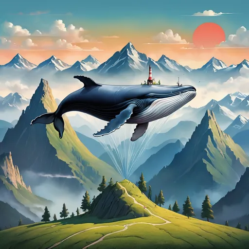 Prompt: a whale on top of a mountain asynchronous transmission in the middle of a happy landscape