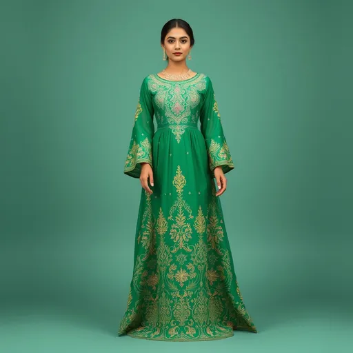 Prompt: arabic embriodery long green emerald dress