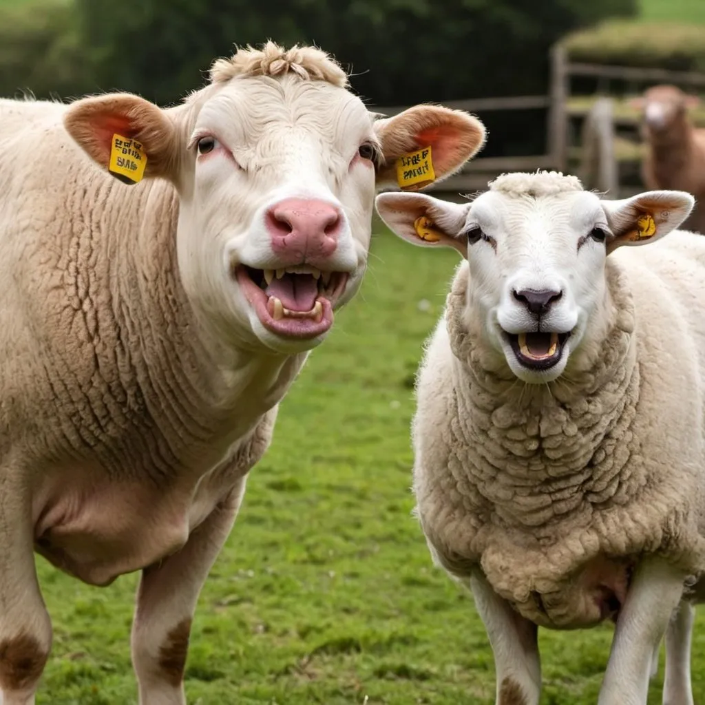 Prompt: Cow and a sheep laughing