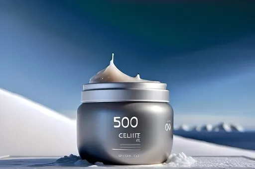 Prompt: a bottle of cellulite gel on a white background with a white cap on top of it and a white lid, An Gyeon, private press, hourglass slim figure, a 3D render. Please, the bottle have to movie to a ice landscape like antartida or russia or sweden