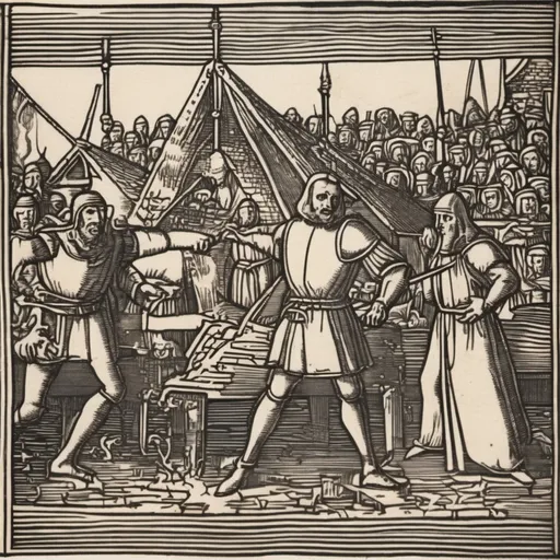 Prompt:  A medieval woodcut illustrating the sentence: Let's take disadvantageous positions so that the enemy has no reason to dislodge us from them
