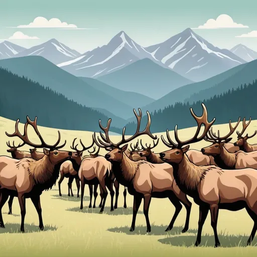 Prompt: Herd of elk in the mountains that is in cartoon format

