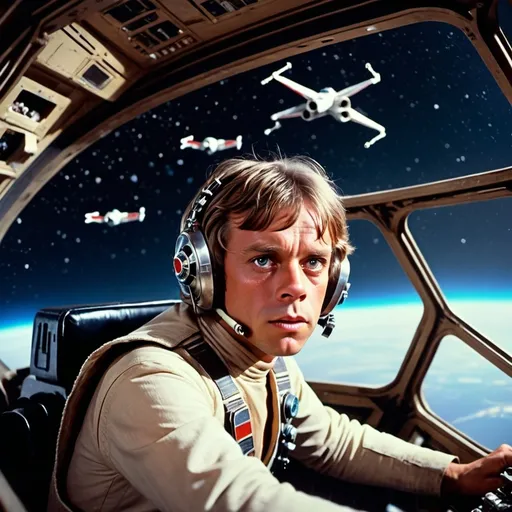 Prompt: luke skywalker, flying an x-wing, 1950's super panavision 70 film stock, beautiful cinematography