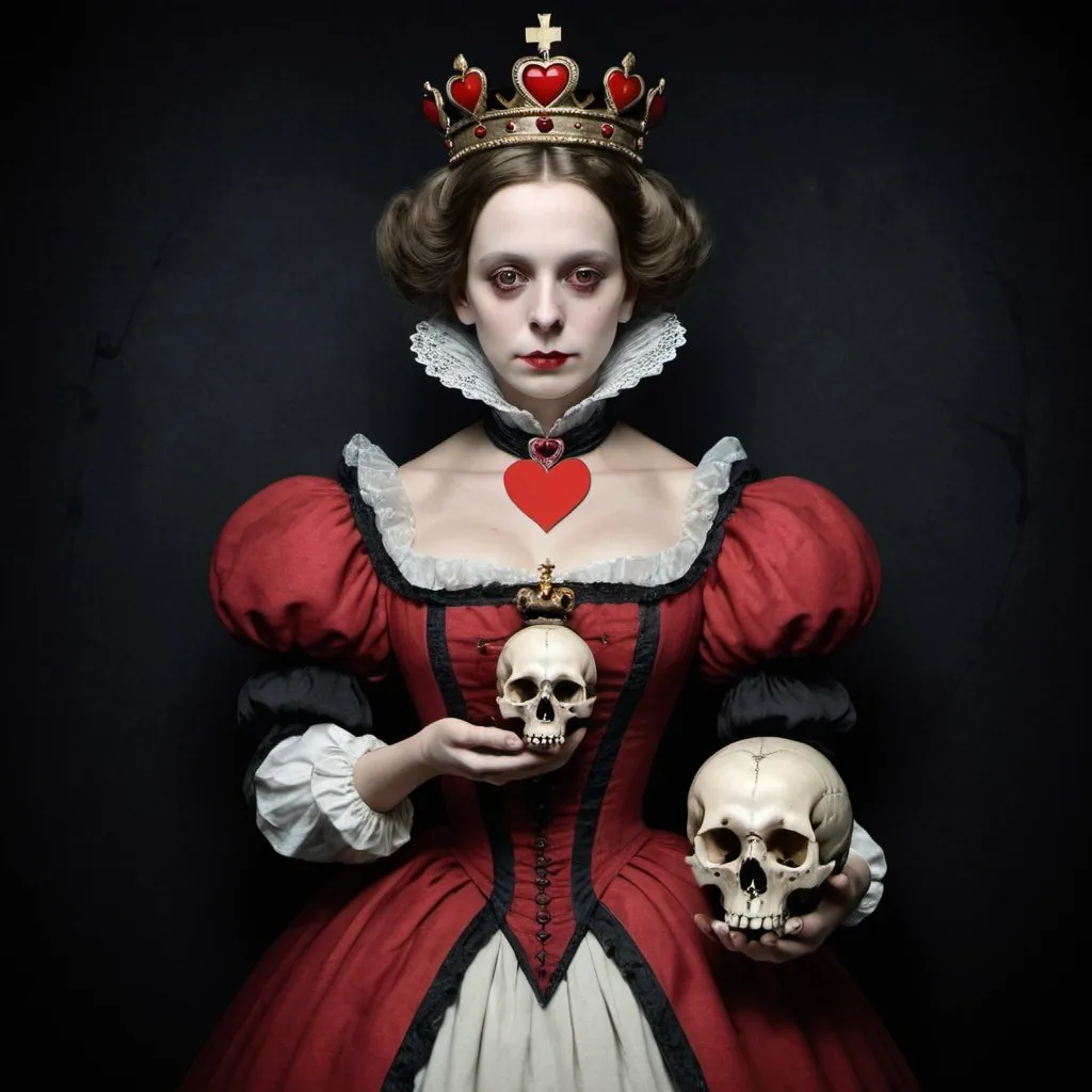 Prompt: Lewis Carroll queen of hearts holding a skull, dark background, HD