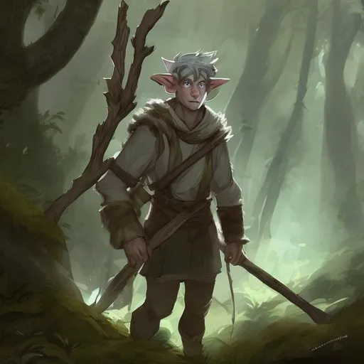 Prompt: Male young Firbolg wearing a backpack and holding a wooden staff, gray skin, walking up a hill, forest, adventurer, digital art