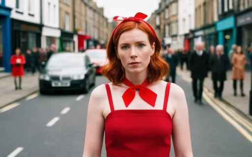 Prompt: a serious looking modern woman in middle of picture wearing a tired, worn red dress with red head ribbon, ages 35, in a Wes Anderson Movie standing on busy street Aberdeen UK, blurred in background. It's a comedy, model facing and looking at camera