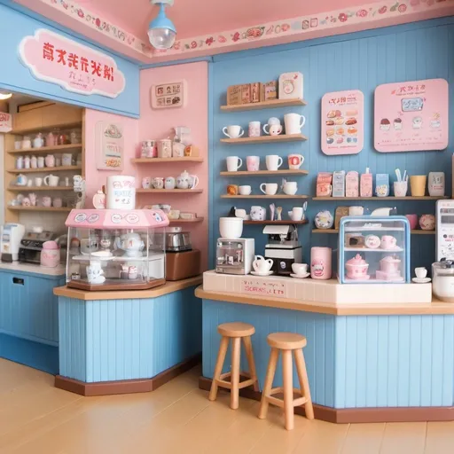 Prompt: inside blue kawaii japan coffe shop 1:12 toy 

