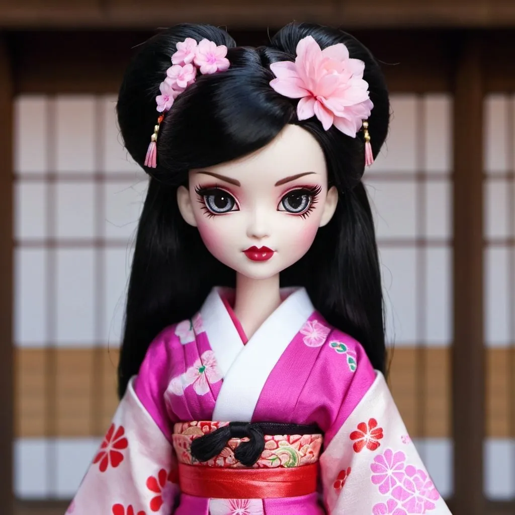 Prompt: draculaura doll in traditional japan kimono


