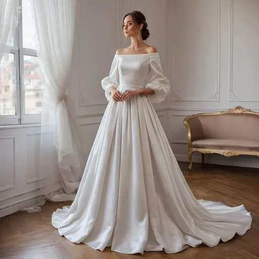 Prompt: Romantic, wedding dress, long white satin, boat neckline, large pleated flap overlay, tulle lantern sleeves, high quality, detailed, romantic style, soft lighting, elegant, bridal, satin texture,  flowing fabric, classic, dreamy, princess, fairy-tale-style