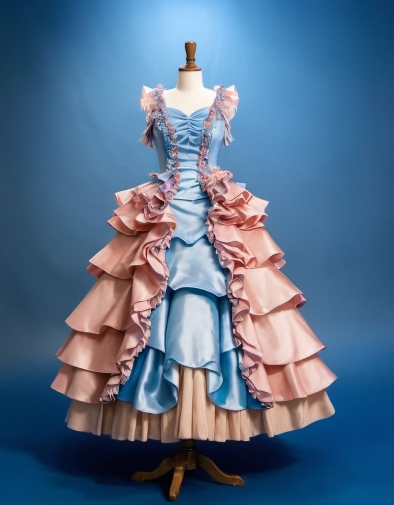 Prompt: blue dress, with several layers, ruffles, gemstones, ribbons, and different types of fabrics. saten