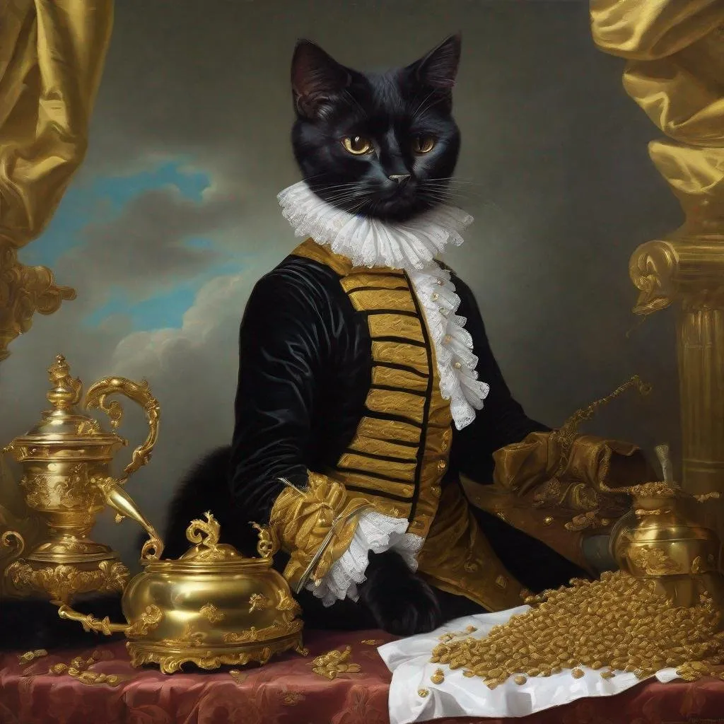 Prompt: Rococo era portrait wof a cute blak cat shitting gold poop, oil painting, luxurious clothing