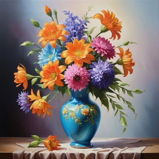 Prompt: Vibrant, realistic oil painting of a vase, blooming flowers in full detail, high quality, hyper-realistic, oil painting, vibrant colors, natural lighting, floral paradise