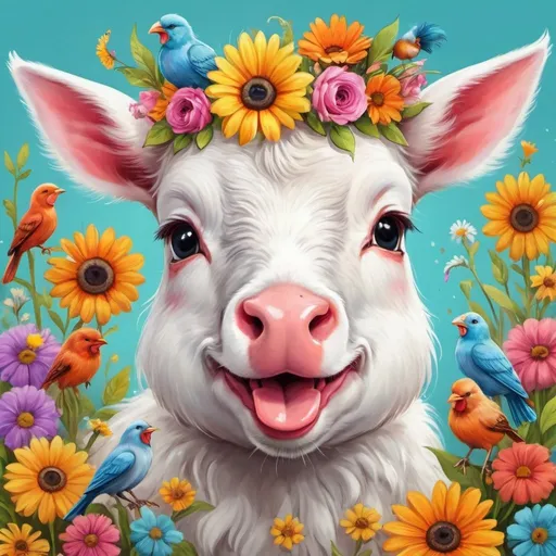 Prompt: Farm Animals with flowers in their mouth, vibrant and colorful, high quality, digital painting, cute and whimsical style, bright and lively colors, natural lighting, detailed fur and feathers, adorable expressions, charming and heartwarming, joyful and lively atmosphere