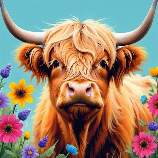 Prompt: Highland cow with flowers in their mouth, vibrant and colorful, high quality, digital painting, cute and whimsical style, bright and lively colors, natural lighting, detailed fur and feathers, adorable expressions, charming and heartwarming, joyful and lively atmosphere