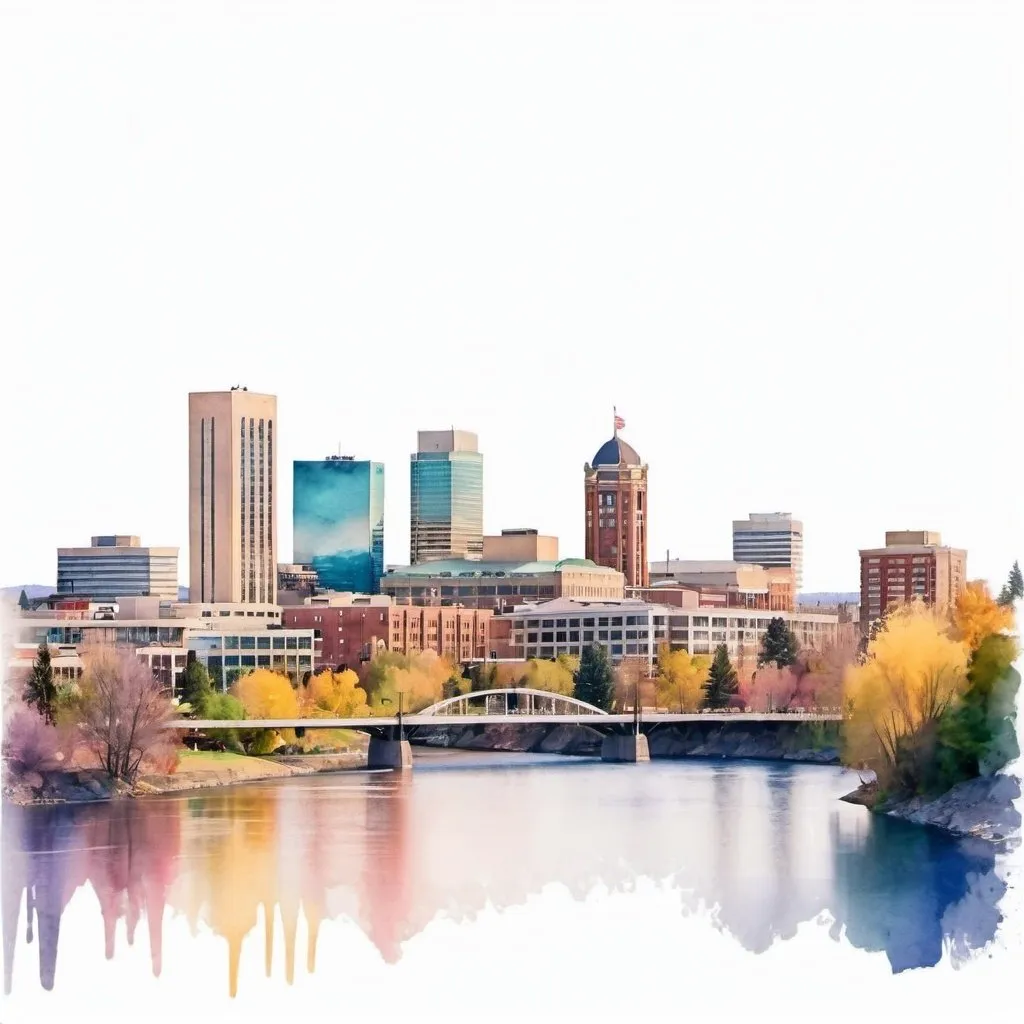 the skyline of Spokane, Washington in a watercolor s...