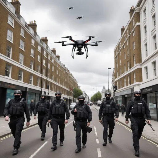 Prompt: london with drones spying on citizens by the government, with armed guards on the street, run by the oppressive organisation called 'Albion