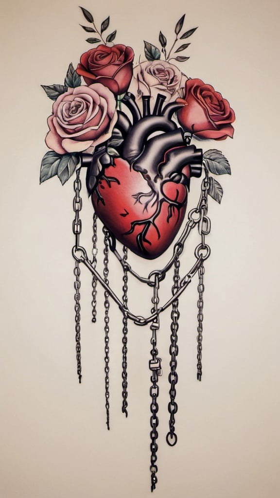 Prompt: A center chest tattoo of an anatomical heart with flowers from the top and three broken chains hanging from the bottom.