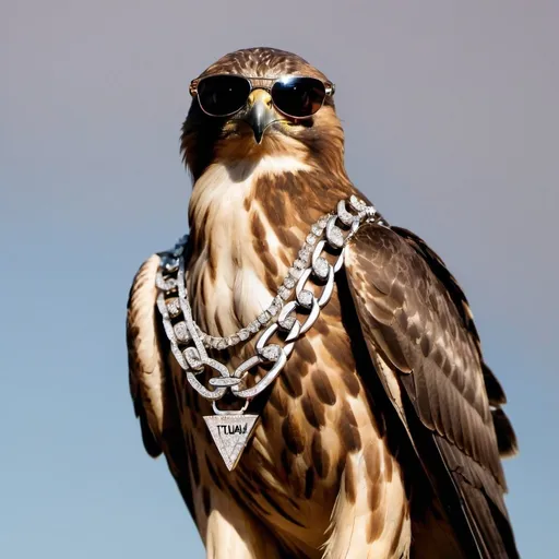 Prompt: A hawk named Tuah wearing sunglasses with a hip hop look and a diamond chain around his neck. The word Tuah should be visible on the diamond chain