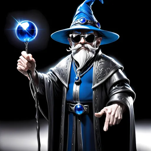 Prompt: Wizard holding a silver ball between his pointer finger and thumb of his right hand wearing a blue pointed hat and dark sunglasses holding a cane in his left hand black and white