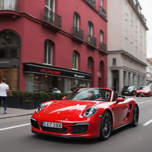 Prompt: Red Porsche car driving on the street