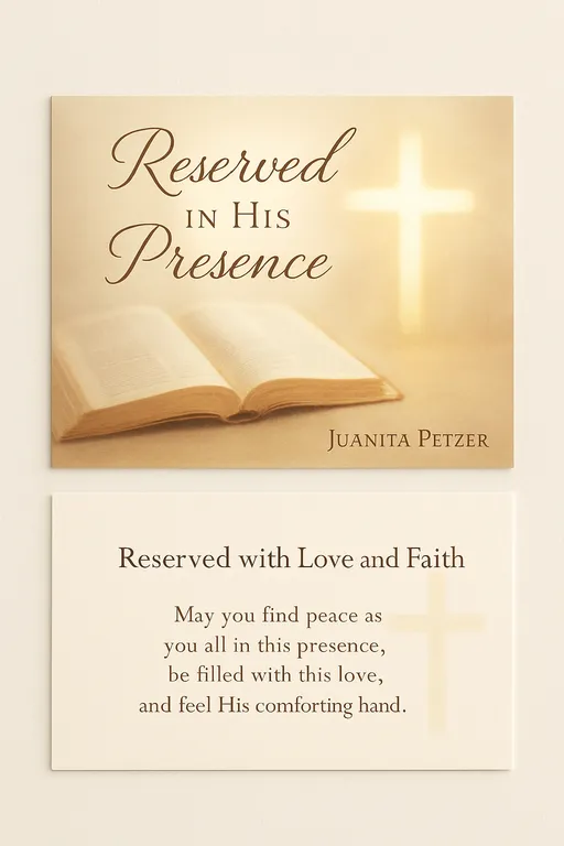 Prompt: Design a two-sided A6 reservation postcard titled “Reserved in His Presence.”
The front should feature a softly glowing cross beside an open Bible, with the verse Psalm 27 : 4 in elegant calligraphy and the name Juanita Petzer displayed gracefully in a corner.
The back should include the phrase “Reserved with Love and Faith”, a short reflective blessing (see text above), and a subtle watermark of a cross or open Bible.
Use warm tones of ivory, cream, soft gold, and gentle light, suitable for high-gloss printing. The overall style should be reverent, peaceful, and timeless with balanced typography and margins.