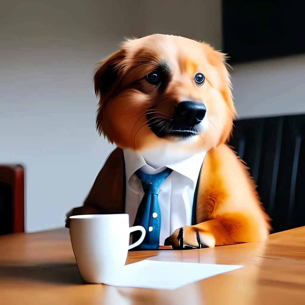 Prompt: A dog wearing a business suit drinking coffee 