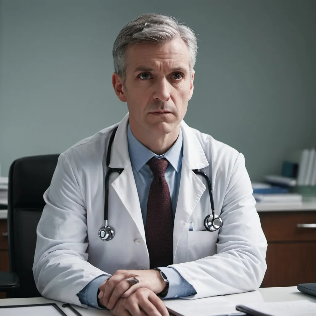 Prompt: A white doctor sitting at a desk looking powerful and pensive