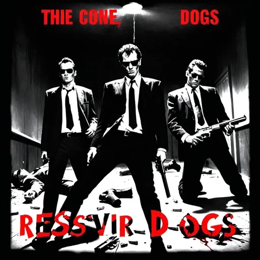 Prompt: 4 gangsters about to kill someone. guns and knifes. very bloody. broken shades on the ground. in a dark room with one light. dead person laying on the ground with title at the bottom saying reservoir dogs