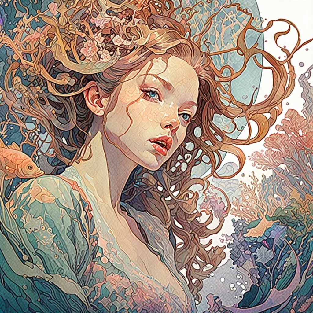 Prompt: "Keep yourself alive underwater watercolor. by Android Jones: Japanese Art: James Jean: Erin Hanson: Anna Dittmann: professional photography, natural lighting, volumetric lighting maximalist, photo illustration 8k resolution concept art intricately detailed, complex, elegant, expansive, fantastical"

